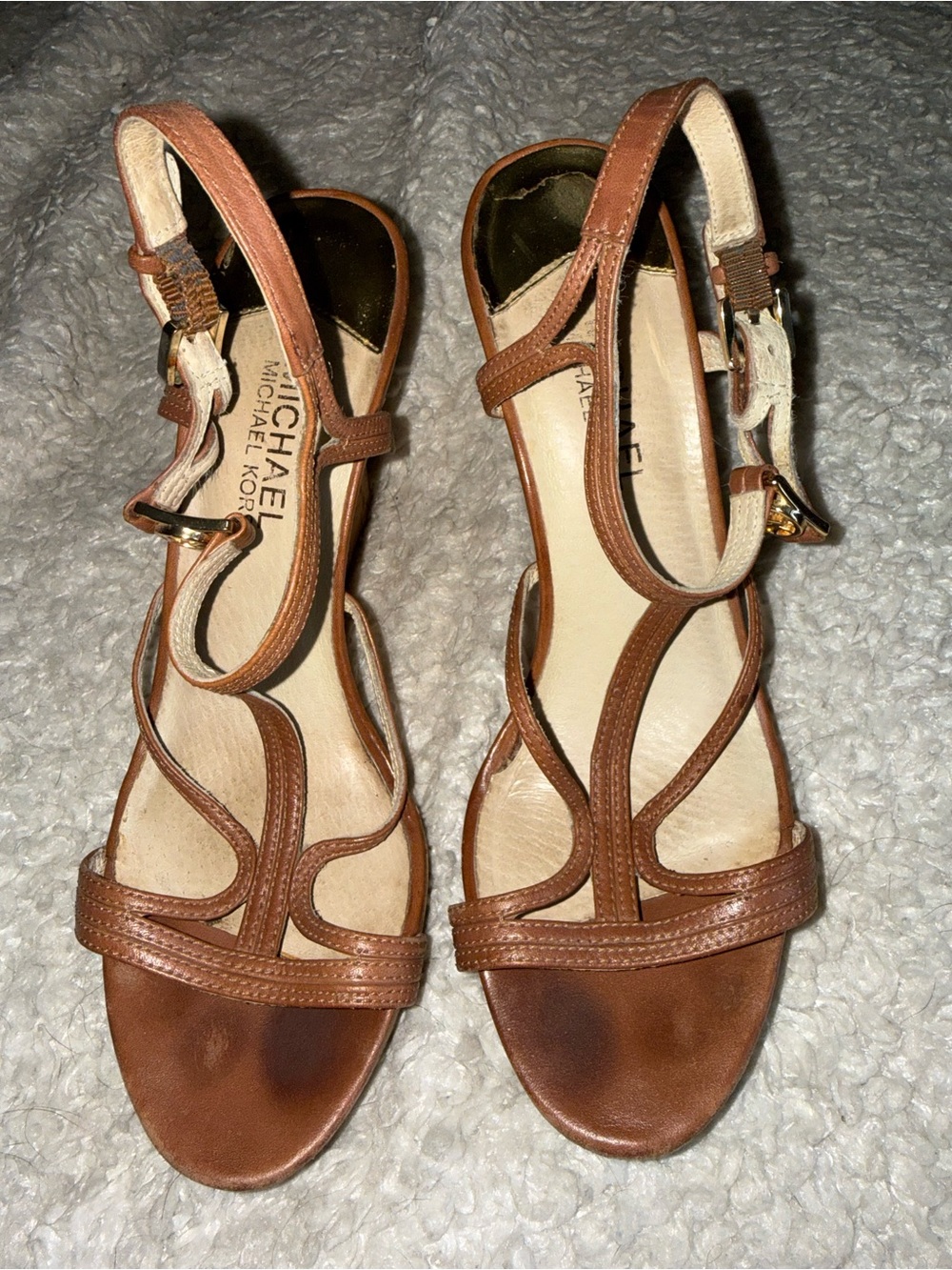 Michael Kors Tan Brown Leather T-Strap Sandals